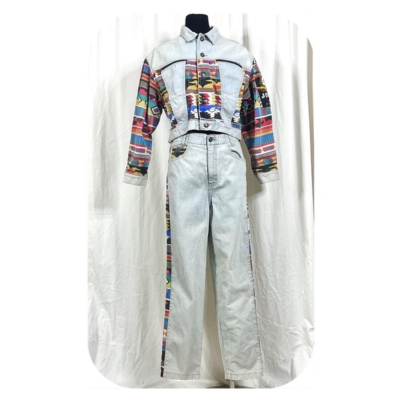 VTG 80s Denim Primary Color Navajo Print Jacket and Jeans Matching Set - Picture 2 of 10